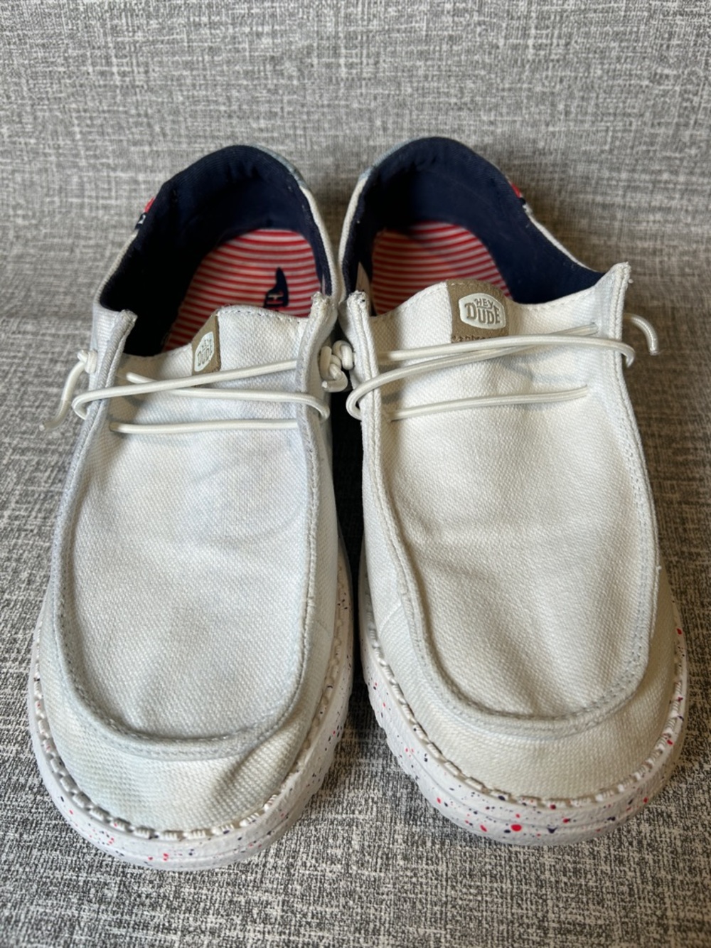 Hey Dude White Canvas Slip-On Boat Shoes with Stars & Stripes Heel size 8 womens - Picture 2 of 15